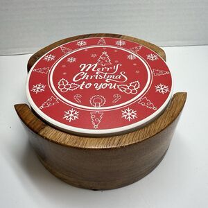 Merry Christmas To You Set Of 6 Absorbent Holiday Coasters In Wood Box Holder